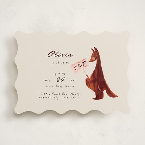 This is a cream baby shower invitations with standard by Gwen Bedat called kangaroo pop printing on signature in standard