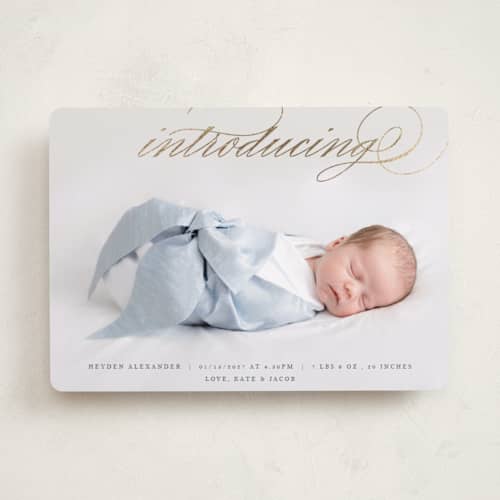 This is a cloud foil stamped birth announcements with foil pressed by Selima Akhter called script intro printing on recycled smooth signature in standard