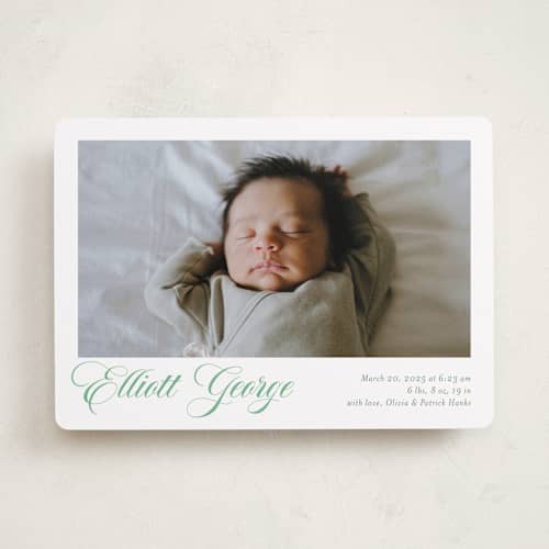 This is a clover birth announcements with standard by Megan Davis called hollis printing on recycled smooth signature in standard