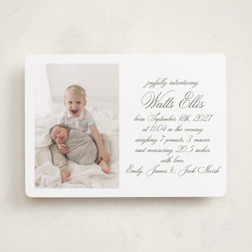 This is a fern birth announcements with standard by Megan Davis called walden printing on recycled smooth signature in standard