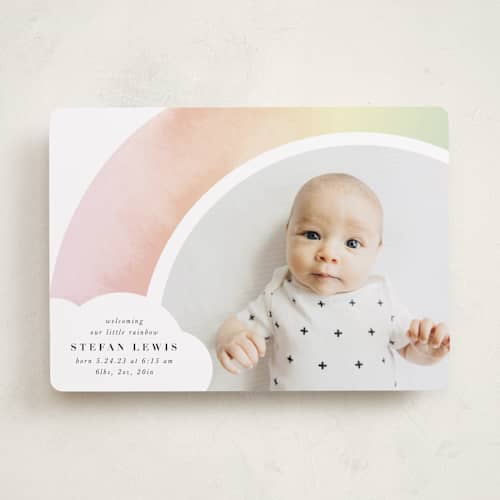 This is a rainbow birth announcements with standard by Lori Wemple called pretty rainbow printing on recycled smooth signature in standard