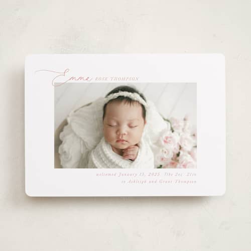 This is a rose birth announcements with standard by Jenna Holcomb called sweetest printing on recycled smooth signature in standard