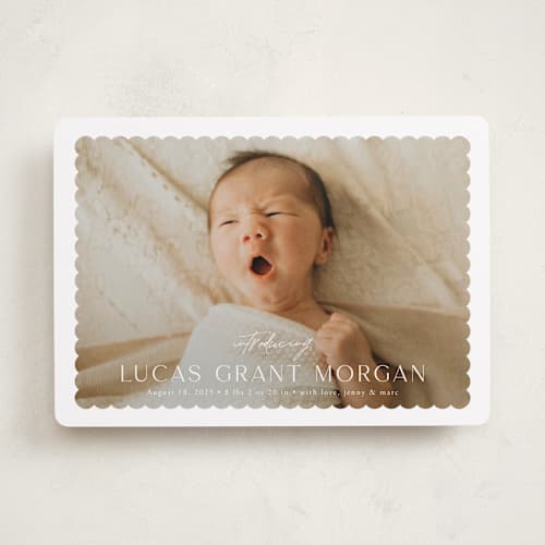 This is a icing birth announcements with standard by Yaling Hou Suzuki called first glimpse printing on recycled smooth signature in standard