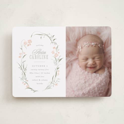 This is a sweet pea birth announcements with standard by Erin L. Wilson called dottie printing on recycled smooth signature in standard