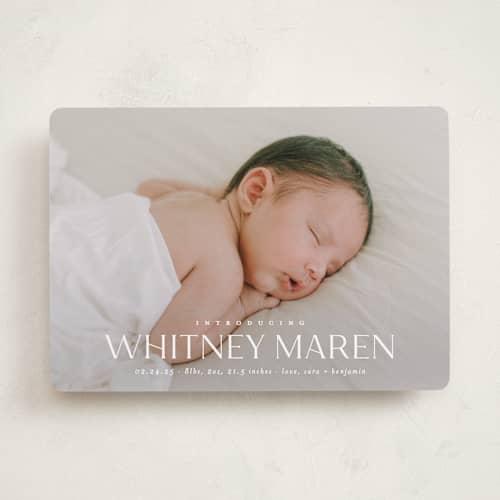 This is a cloud birth announcements with standard by Carolyn MacLaren called baby classic printing on recycled smooth signature in standard