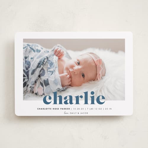 This is a bluebird birth announcements with standard by Shirley Lin Schneider called bold nickname printing on recycled smooth signature in standard