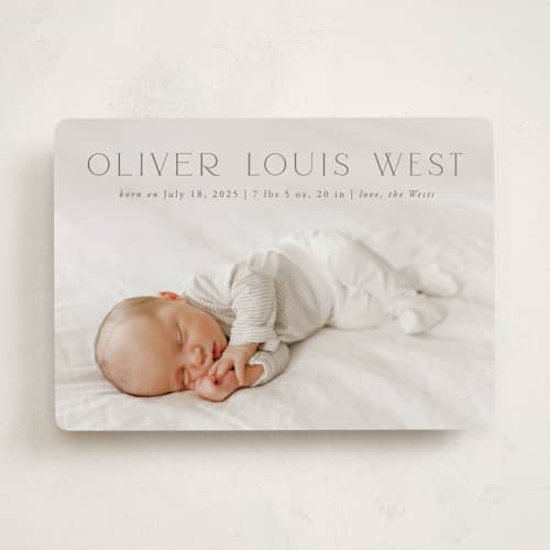 This is a fog birth announcements with standard by Julia Hall called our hearts printing on recycled smooth signature in standard