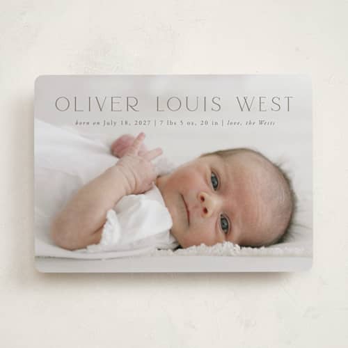 This is a fog birth announcements with standard by Julia Hall called our hearts printing on recycled smooth signature in standard