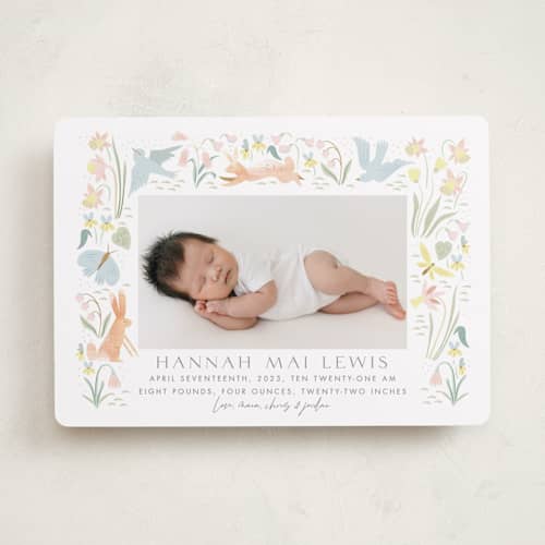 This is a sky birth announcements with standard by Eve Schultz called baby garden printing on recycled smooth signature in standard
