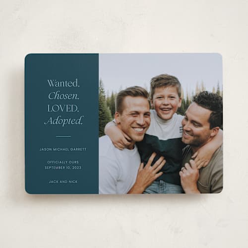 This is a jade birth announcements with standard by That Girl Press called favorite things printing on recycled smooth signature in standard