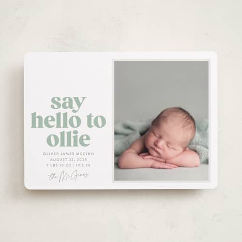 This is a mint birth announcements with standard by Robert and Stella called clarke printing on recycled smooth signature in standard