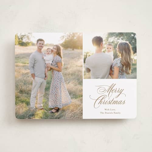 This is a candlelight photo christmas cards with standard by Carolyn MacLaren called script duo printing on recycled smooth signature in standard