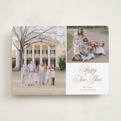 This is a candlelight photo christmas cards with standard by Carolyn MacLaren called script duo printing on recycled smooth signature in standard