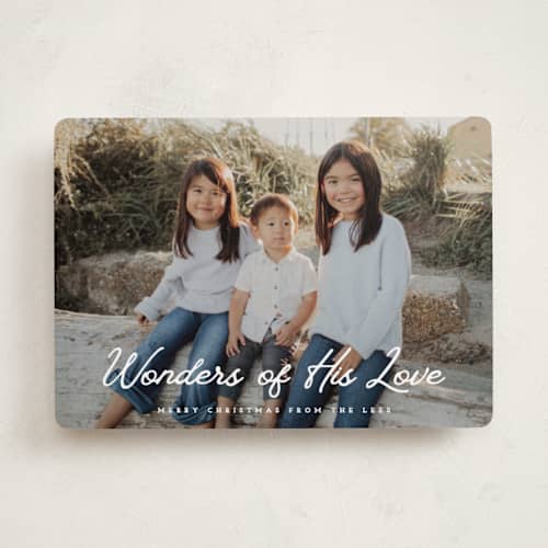 This is a snow photo christmas cards with standard by Sara Hicks Malone called w o n d e r s printing on recycled smooth signature in standard