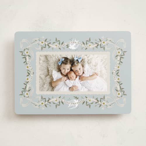 This is a blue spruce photo christmas cards with standard by Ana de Sousa called ribbon of grace printing on recycled smooth signature in standard