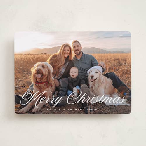 This is a snow photo christmas cards with standard by Rebecca Durflinger called christmas in script printing on recycled smooth signature in standard