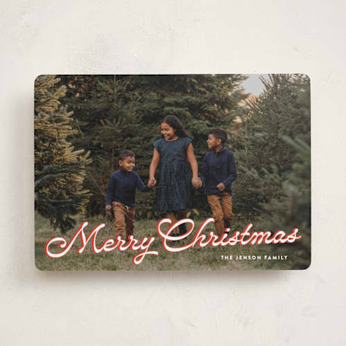 This is a poinsettia photo christmas cards with standard by Ekko Studio called retro script printing on recycled smooth signature in standard