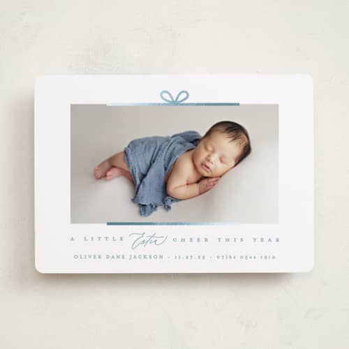 This is a blue jay babys first christmas with foil pressed by Creo Study called our perfect gift printing on recycled smooth signature in standard