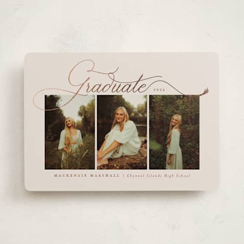 This is a mocha latte graduation announcements with foil pressed by Kamala Nahas called tassel swash printing on recycled smooth signature in standard