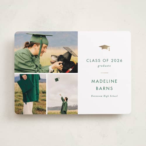 This is a clover graduation announcements with foil pressed by Stacey Meacham called school spirit printing on recycled smooth signature in standard