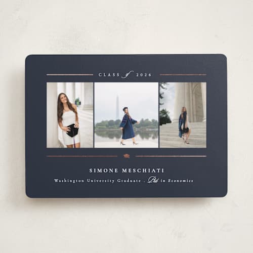 This is a sapphire graduation announcements with foil pressed by Corinne Malesic called class act printing on recycled smooth signature in standard