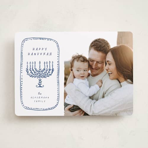 This is a lake hanukkah cards with standard by Anastasia Makarova called watercolor menorah printing on recycled smooth signature in standard