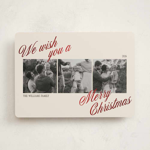This is a cream foil pressed holiday cards with foil pressed by Robert and Stella called trifold printing on recycled smooth signature in standard