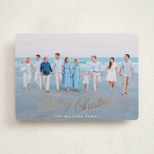 This is a snow foil pressed holiday cards with foil pressed by Robert and Stella called autuer printing on recycled smooth signature in standard
