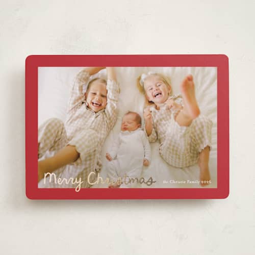 This is a cherry foil pressed holiday cards with foil pressed by Ani Somi called christmas pudding printing on recycled smooth signature in standard