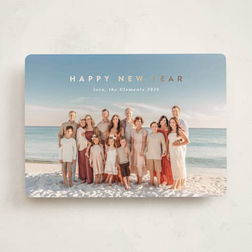 This is a snow foil pressed holiday cards with foil pressed by Lucrecia Caporale called minimal style printing on recycled smooth signature in standard