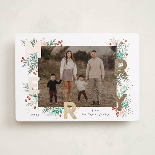 This is a mint foil pressed holiday cards with foil pressed by Alethea and Ruth called merry letters printing on recycled smooth signature in standard