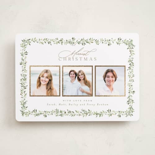 This is a snow foil pressed holiday cards with foil pressed by Everett Paper Goods called laurel garland printing on recycled smooth signature in standard