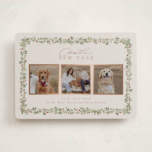 This is a mulled wine foil pressed holiday cards with foil pressed by Everett Paper Goods called laurel garland printing on recycled smooth signature in standard