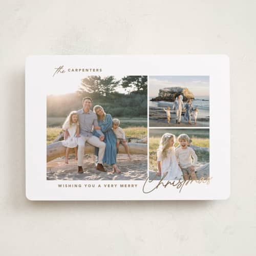 This is a winter foil pressed holiday cards with foil pressed by Creo Study called chic trio printing on recycled smooth signature in standard