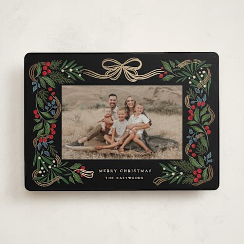This is a orchard foil pressed holiday cards with foil pressed by Grae called sparkly holiday ribbon printing on recycled smooth signature in standard
