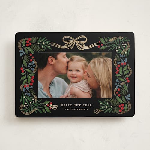 This is a orchard foil pressed holiday cards with foil pressed by Grae called sparkly holiday ribbon printing on recycled smooth signature in standard