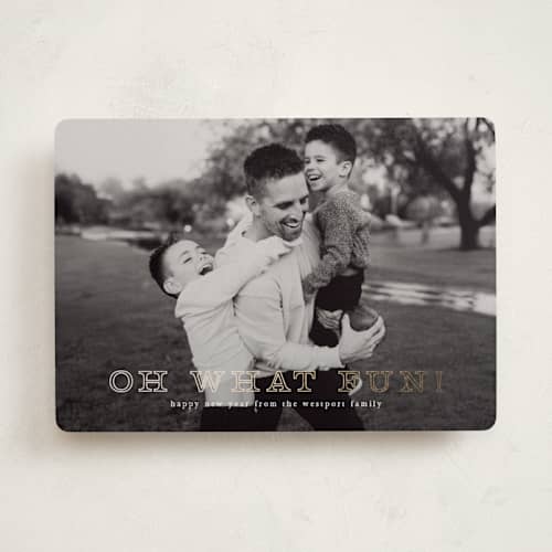 This is a snow foil pressed holiday cards with foil pressed by Up Up Creative called exclaim printing on recycled smooth signature in standard