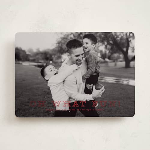 This is a crimson foil pressed holiday cards with foil pressed by Up Up Creative called exclaim printing on recycled smooth signature in standard