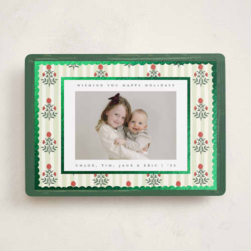 This is a juniper foil pressed holiday cards with foil pressed by Teju Reval called block print frame printing on recycled smooth signature in standard