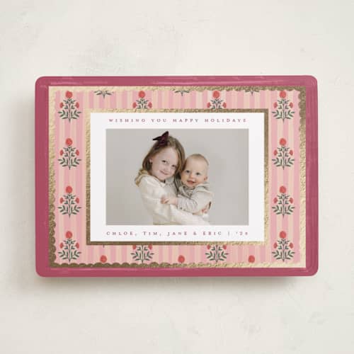 This is a candy foil pressed holiday cards with foil pressed by Teju Reval called block print frame printing on recycled smooth signature in standard