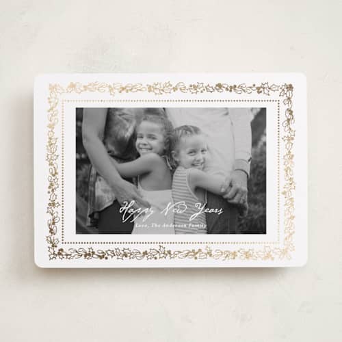 This is a snow foil pressed holiday cards with foil pressed by Cass Loh called gilded botanical frame printing on recycled smooth signature in standard