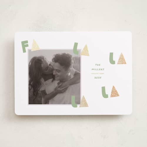 This is a mint foil pressed holiday cards with foil pressed by Summer Winkelman called fa la la fun printing on recycled smooth signature in standard