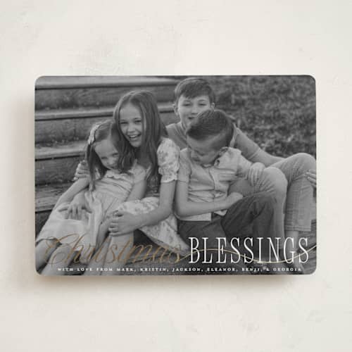 This is a snow foil pressed holiday cards with foil pressed by Kamala Nahas called elegant christmas blessings printing on recycled smooth signature in standard