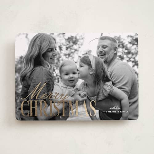 This is a snow foil pressed holiday cards with foil pressed by Kelly Watkins called aspen printing on recycled smooth signature in standard