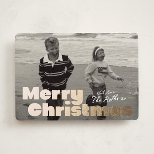 This is a sugar foil pressed holiday cards with foil pressed by Everett Paper Goods called extra bold printing on recycled smooth signature in standard