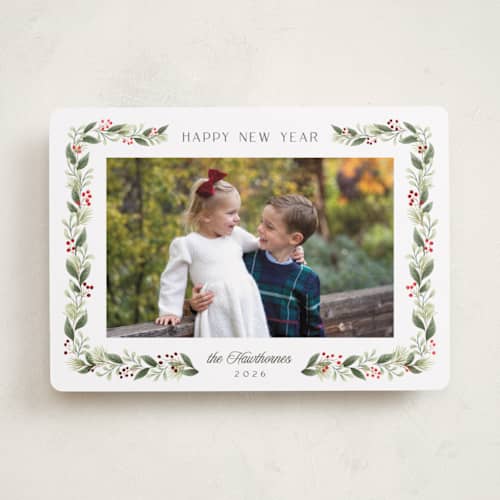 This is a holly foil pressed holiday cards with foil pressed by Randi Cirelli called berries & blooms printing on recycled smooth signature in standard