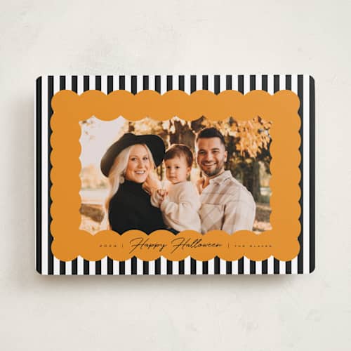 This is a pumpkin halloween party invitations cards with standard by Brittany Braithwaite called halloween stripes printing on recycled smooth signature in standard