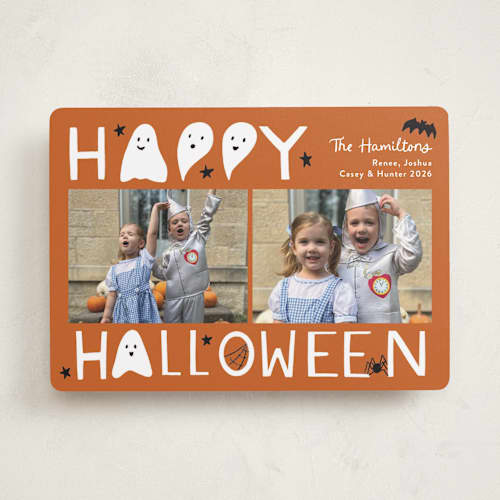 This is a pumpkin halloween party invitations cards with standard by Becky Nimoy called happy halloween ghosted printing on recycled smooth signature in standard