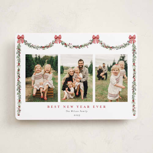 This is a peppermint new year photo cards with standard by Susan Moyal called joyful holly printing on recycled smooth signature in standard