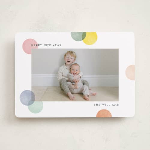 This is a confetti cake new year photo cards with standard by Robert and Stella called colorblock confetti printing on recycled smooth signature in standard